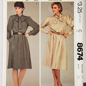 Vintage 80s McCalls Pattern 8674 Kitten Bow Secretary Dress Sz 16 Uncut